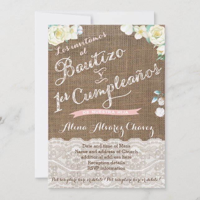 Invitaciones para Bautizo de niña, blanca durazno (Anverso)