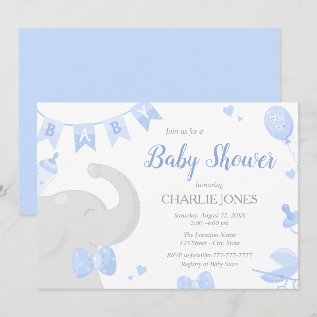 Invitaciones para bebé elefante Baby Shower Boy (Anverso / Reverso)