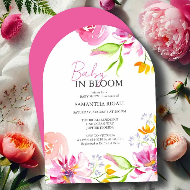 Invitaciones para bebé en flor | Diseño de arco (baby in bloom baby shower invitations with an arch design)