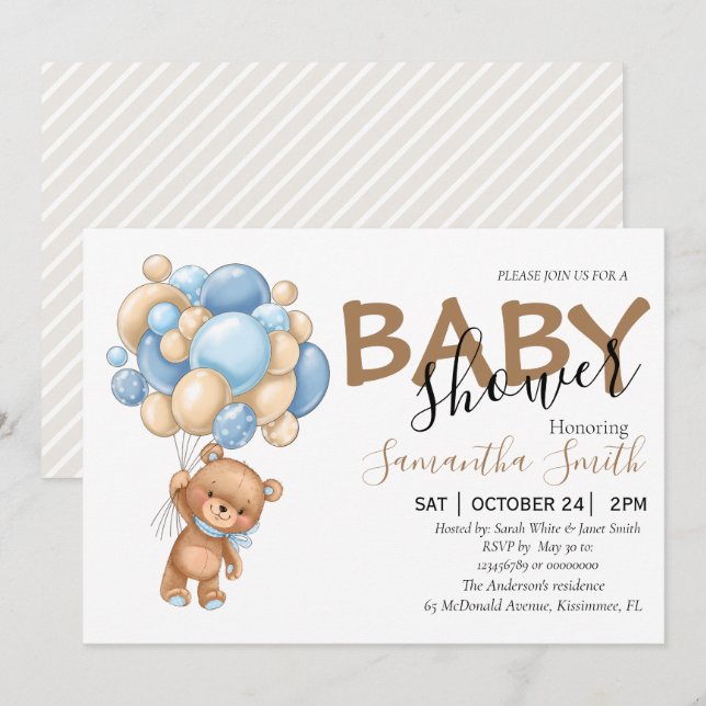 Invitaciones para bebés con globos pardos (Anverso / Reverso)