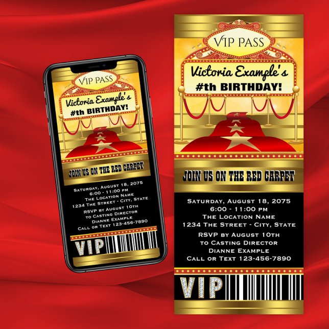 Invitaciones para Boletos de Fiesta de Cumpleaños  (Red carpet birthday party invitation. Any birthday and red carpet event ticket style invitation.)