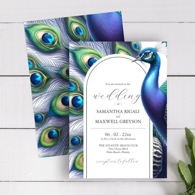 Invitaciones para casamiento por pavo real (Watercolor peacock wedding invitation in shades of purple blue and green by Do Tell A Belle)