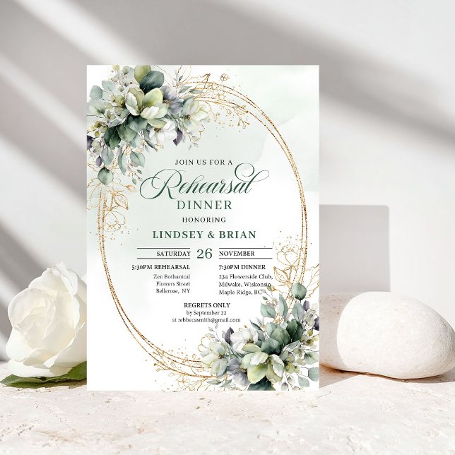 Invitaciones para Cena de Ensayo Botánico Greenery (Greenery Gold Botanical Rehearsal Dinner Invitation)