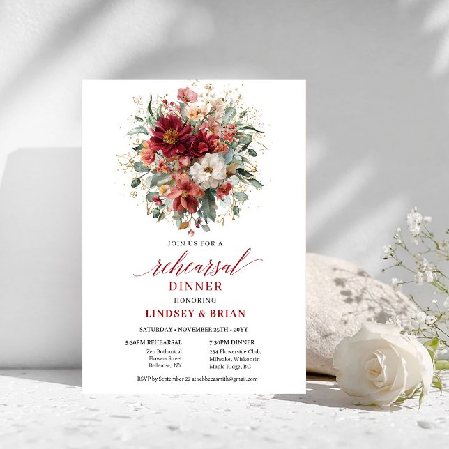 Invitaciones para Cena de Ensayo Floral Granate Ar (Harmonious Maroon Floral Rehearsal Dinner Invitation

)