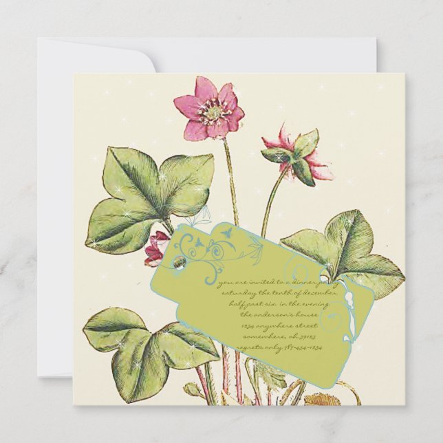 Invitaciones para cena de Flores Silvestres Verdes (Anverso)