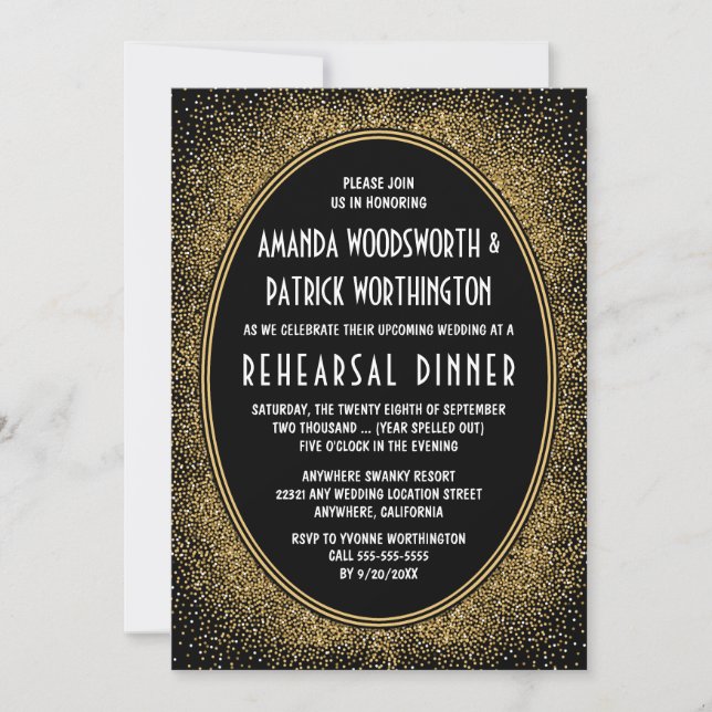 Invitaciones para cenas de estilo Art Déco Negro y (Anverso)