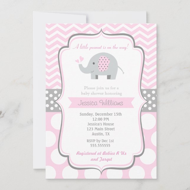 Invitaciones para Chica a la ducha de bebé elefant (Anverso)