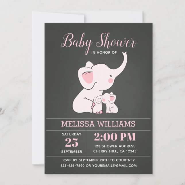 Invitaciones para Chica a la ducha de bebé elefant (Anverso)