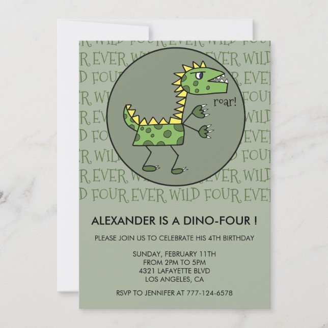 Invitaciones para cuarto cumpleaños de dinosaurio  (Anverso)