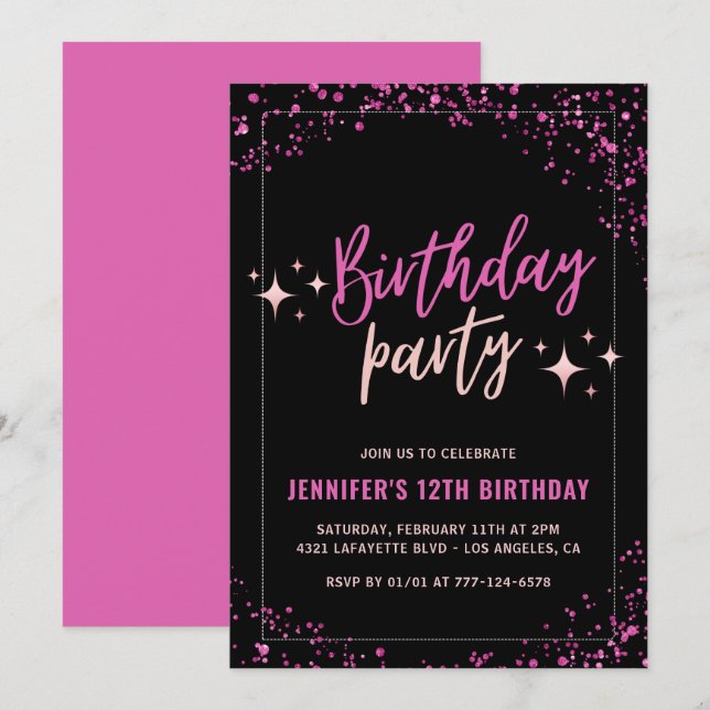 Invitaciones para cumpleaños 12 Pink Fiesta Glitte (Anverso / Reverso)
