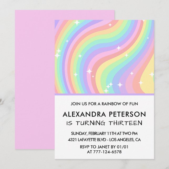 Invitaciones para cumpleaños 13 arcoíris Pastel Di (Anverso / Reverso)