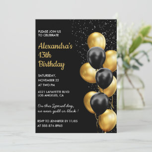 Invitaciones para cumpleaños 13 negro Glitter Glam