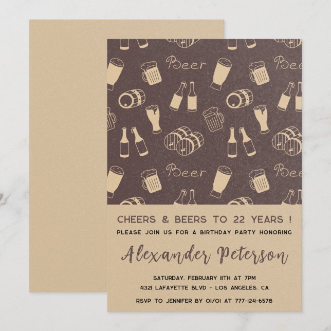 Invitaciones para cumpleaños 22 de hombres Cerveza (Anverso / Reverso)