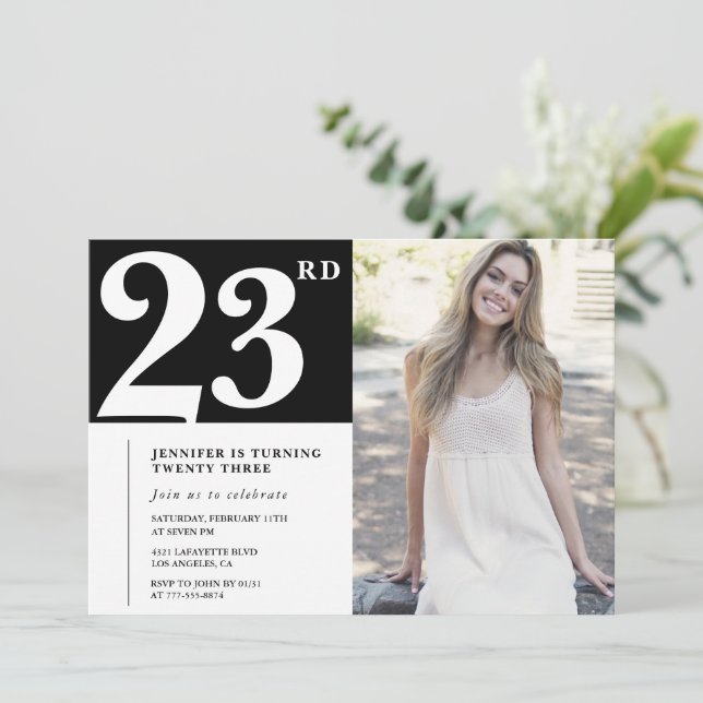 Invitaciones para cumpleaños 23 Black Chic Photo (Anverso de pie)