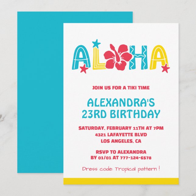 invitaciones para cumpleaños 23 Tropical Aloha Haw (Anverso / Reverso)