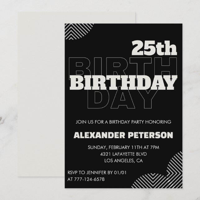 invitaciones para cumpleaños 25 hombres fiesta neg (Anverso / Reverso)