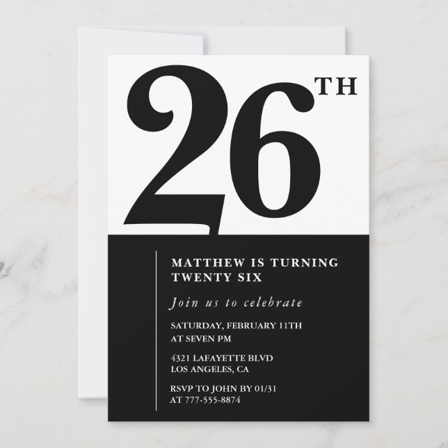 invitaciones para cumpleaños 26 negro y blanco ele (Anverso)