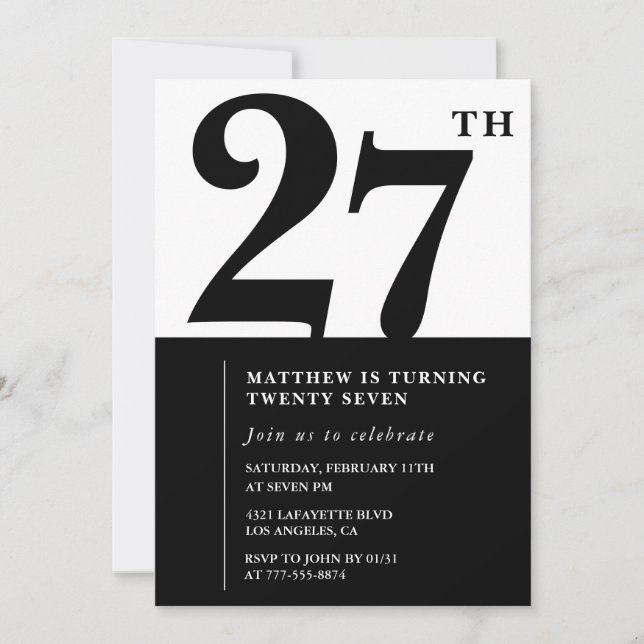 invitaciones para cumpleaños 27 negro y blanco ele (Anverso)