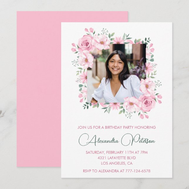 Invitaciones para cumpleaños 28 con foto Floral Ro (Anverso / Reverso)