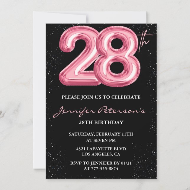 invitaciones para cumpleaños 28 globos rosados gla (Anverso)