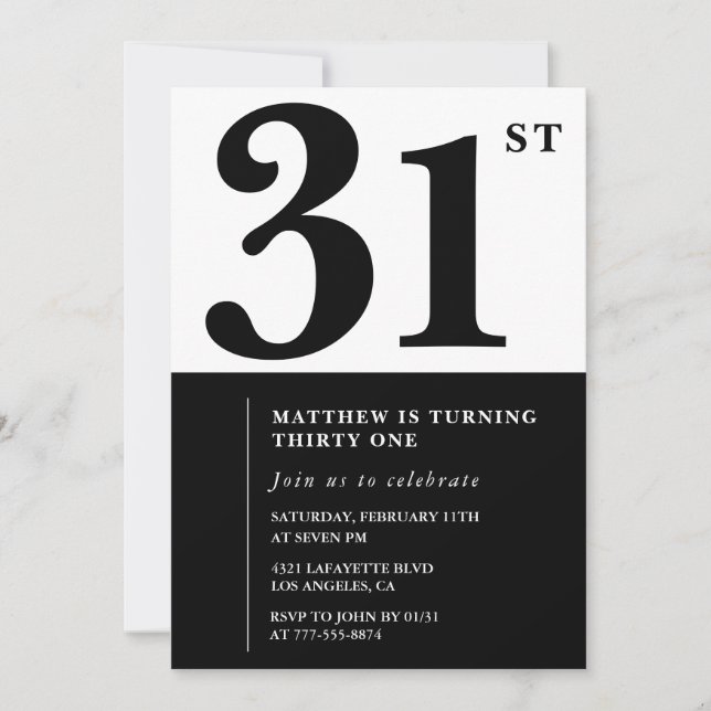invitaciones para cumpleaños 31 negro y blanco ele (Anverso)