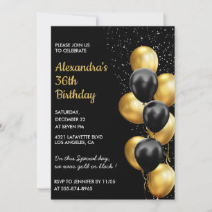 Invitaciones para cumpleaños 36 de oro negro Glitt