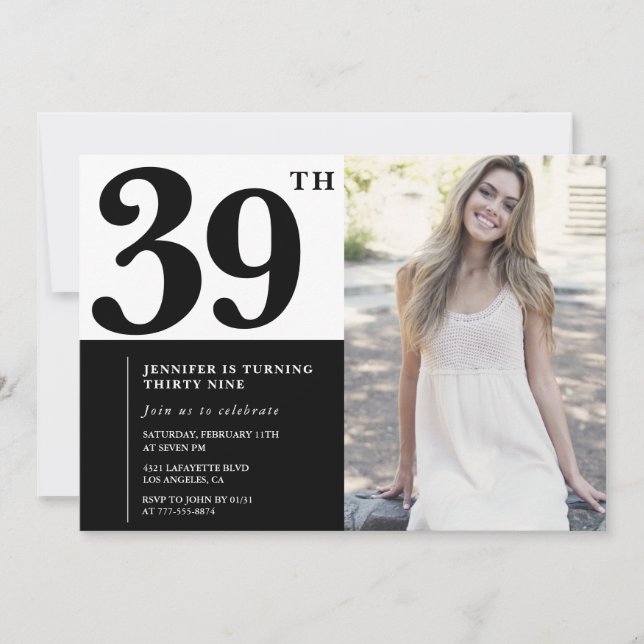 Invitaciones para cumpleaños 39 con foto en blanco (Anverso)