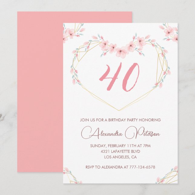 invitaciones para cumpleaños 40 Boho Floral Elegan (Anverso / Reverso)