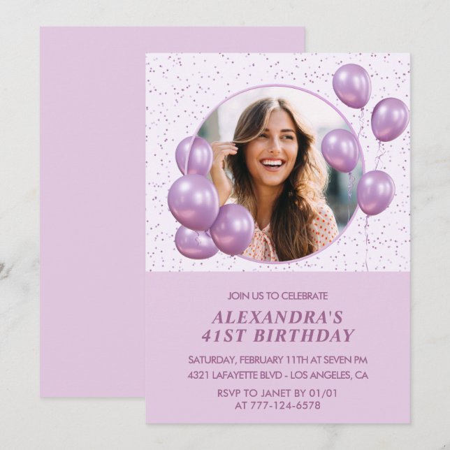 Invitaciones para cumpleaños 41 con globos Morado  (Anverso / Reverso)