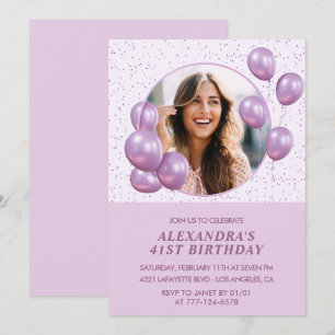Invitaciones para cumpleaños 41 con globos Morado
