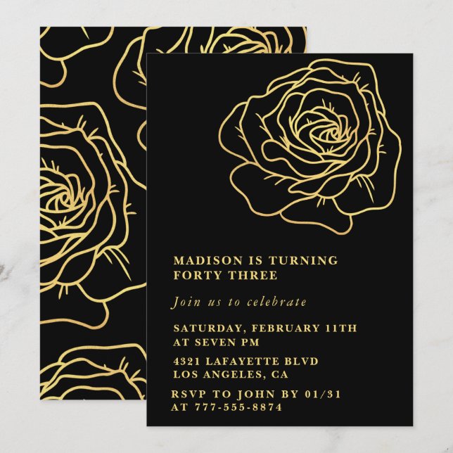 Invitaciones para cumpleaños 43 Floral Oro Negro (Anverso / Reverso)