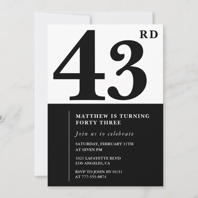 invitaciones para cumpleaños 43 negro y blanco ele (Anverso)