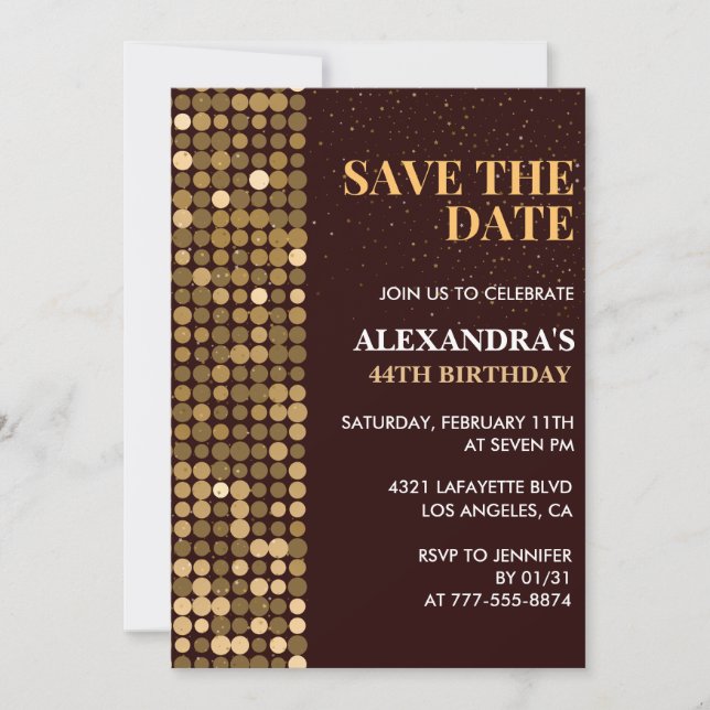 invitaciones para cumpleaños 44 Save the date Gold (Anverso)
