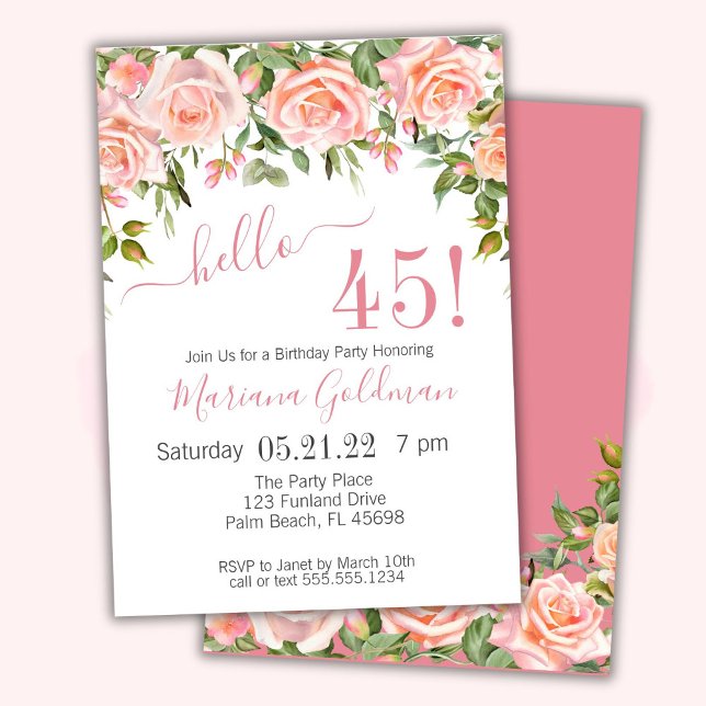 Invitaciones para Cumpleaños 45 Años Flores Rosada (Subido por el creador)