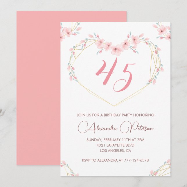 invitaciones para cumpleaños 45 Boho Floral Elegan (Anverso / Reverso)