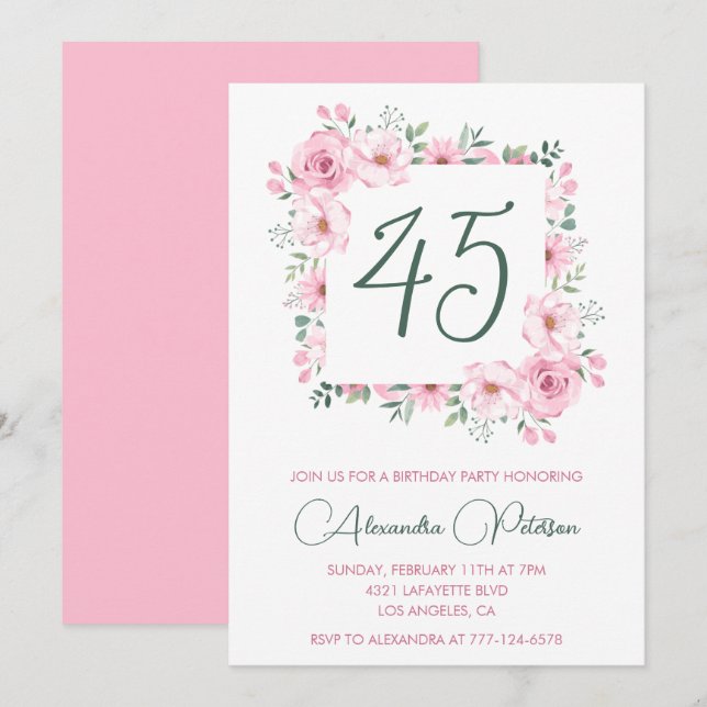 invitaciones para cumpleaños 45 Floral Elegante Ro (Anverso / Reverso)