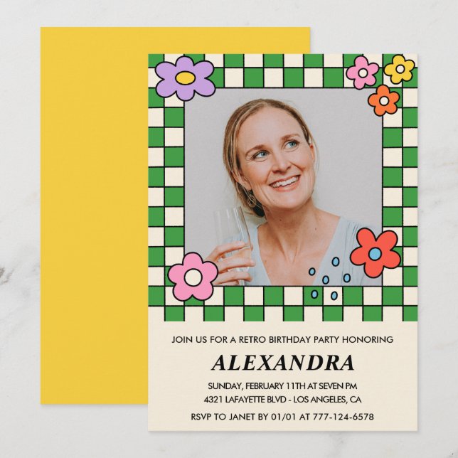 invitaciones para cumpleaños 45 Retro Flores Groov (Anverso / Reverso)