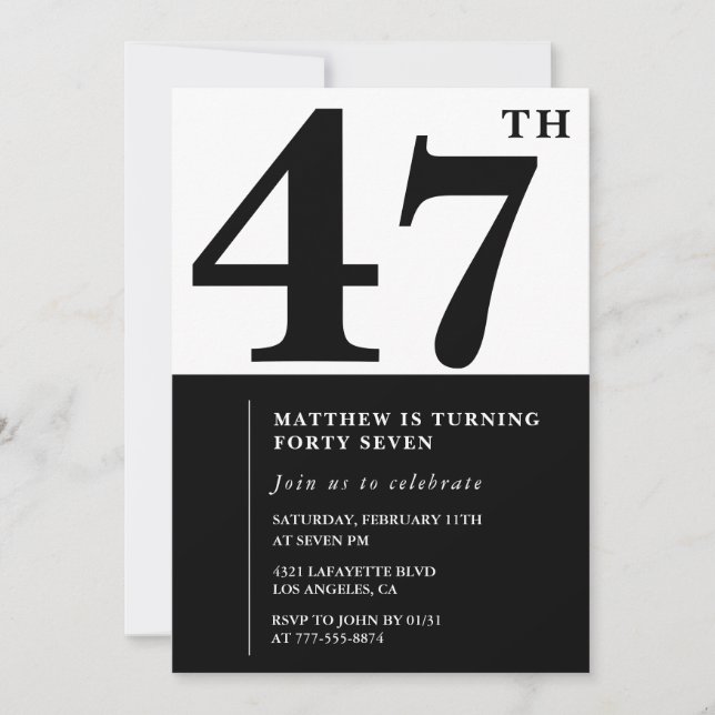 invitaciones para cumpleaños 47 negro y blanco ele (Anverso)