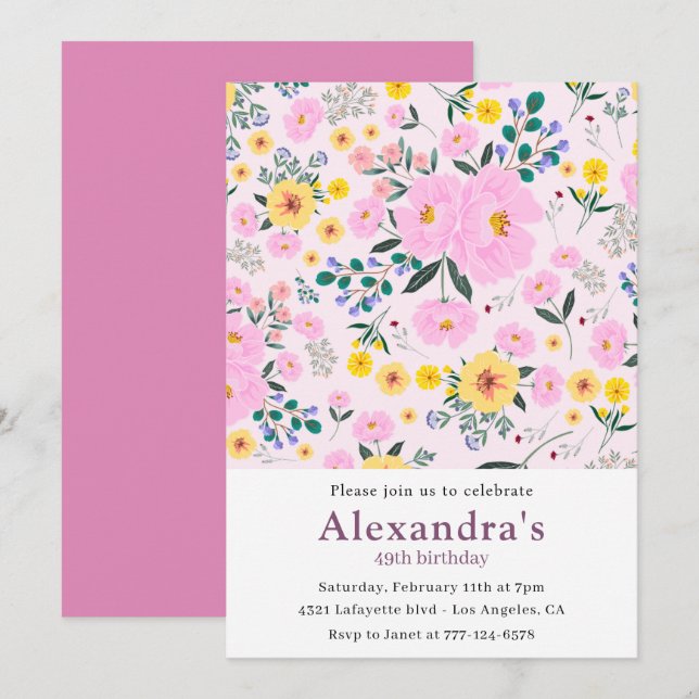 invitaciones para cumpleaños 49 Boho Floral Rosa (Anverso / Reverso)