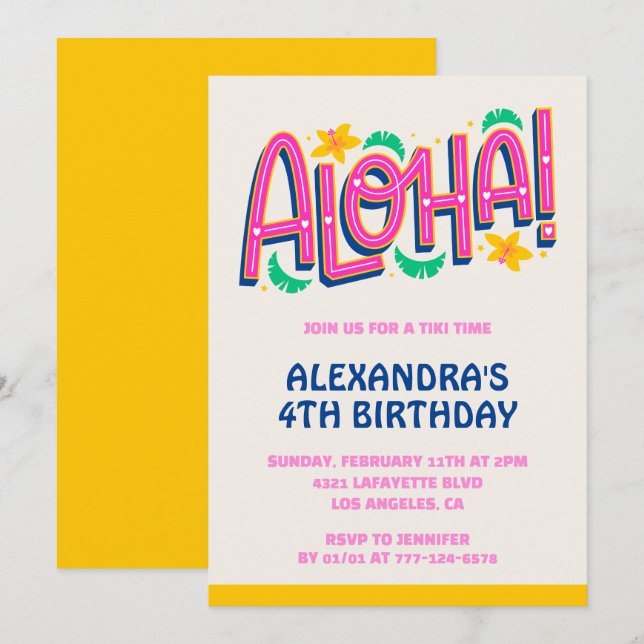 invitaciones para cumpleaños 4 Tropical Aloha Hawa (Anverso / Reverso)