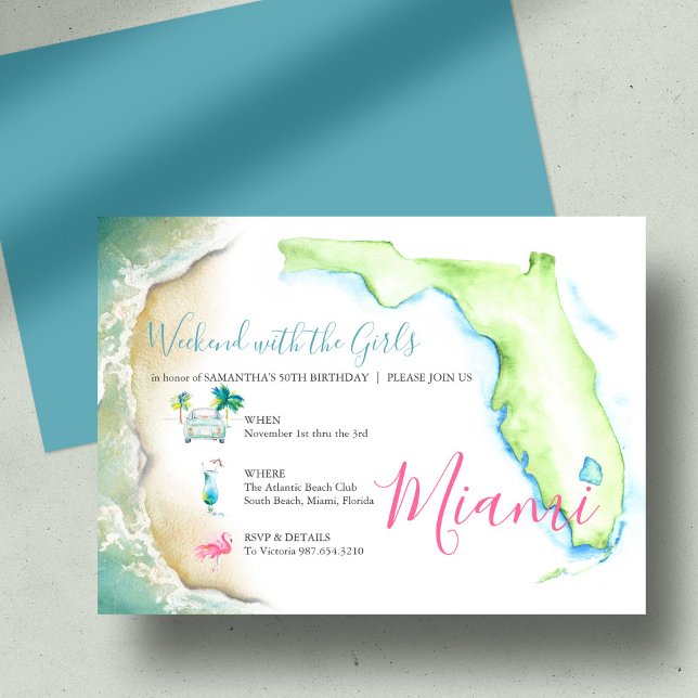 Invitaciones para Cumpleaños 50 en el Sur de Flori (50th Birthday Girls Trip Watercolor Illustrated Invitation)
