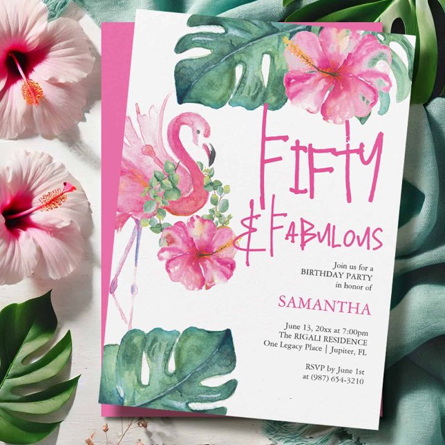 Invitaciones para Cumpleaños 50 Tropicales Acuarel (Tropical watercolor 50th birthday invitation for beach lovers and milestone celebrations )