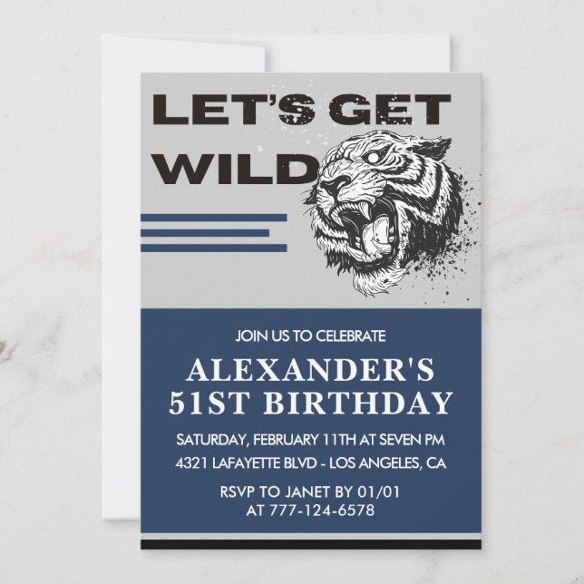 Invitaciones para cumpleaños 51 de hombres Tigre V (Anverso)