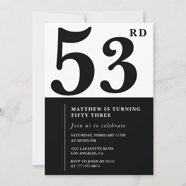 invitaciones para cumpleaños 53 negro y blanco ele (Anverso)
