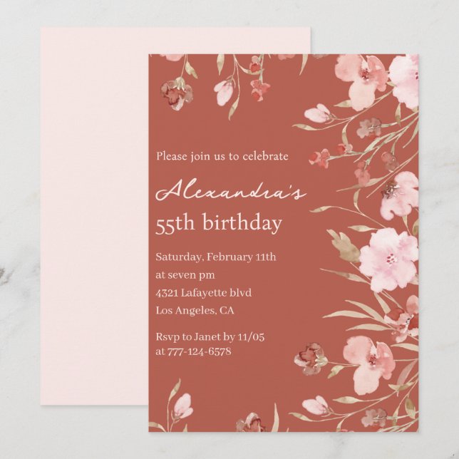 invitaciones para cumpleaños 55 Boho Floral Chic (Anverso / Reverso)