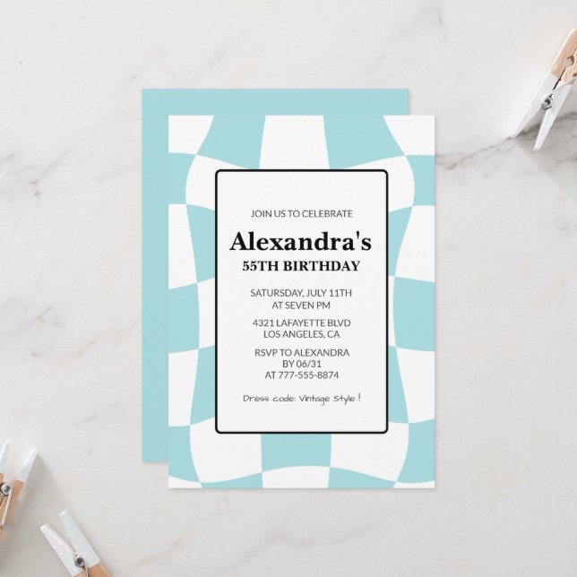 invitaciones para cumpleaños 55 Retro Cuadros Azul (Anverso/Reverso In Situ)