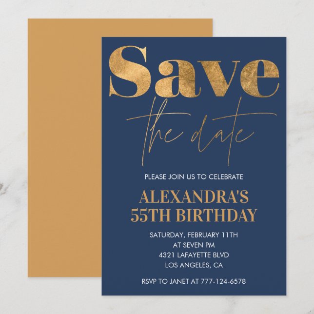invitaciones para cumpleaños 55 Save the date Gold (Anverso / Reverso)