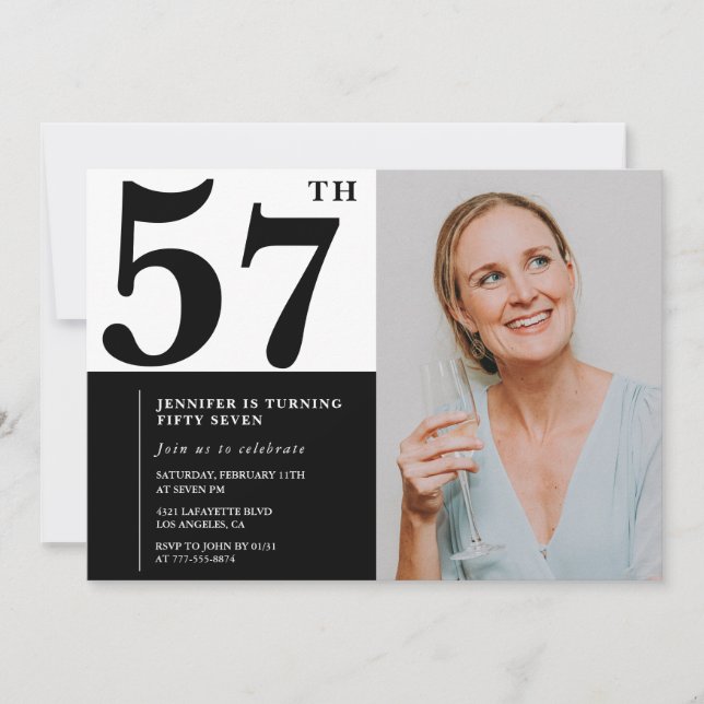 Invitaciones para cumpleaños 57 en foto en blanco  (Anverso)