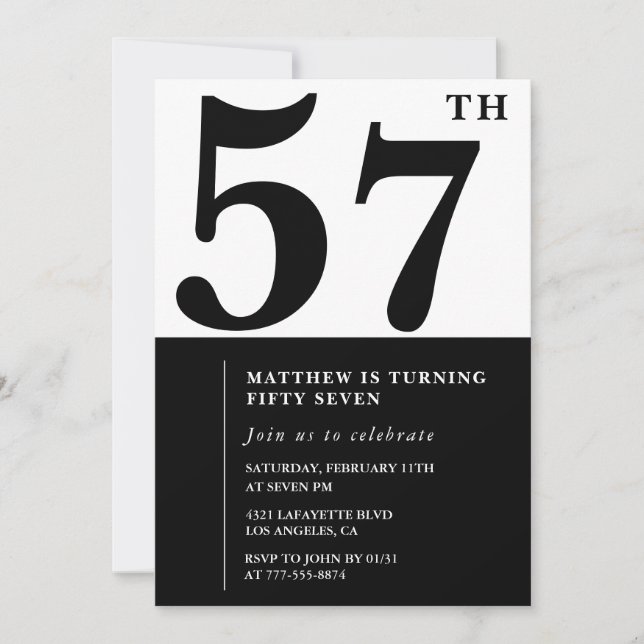 invitaciones para cumpleaños 57 negro y blanco ele (Anverso)