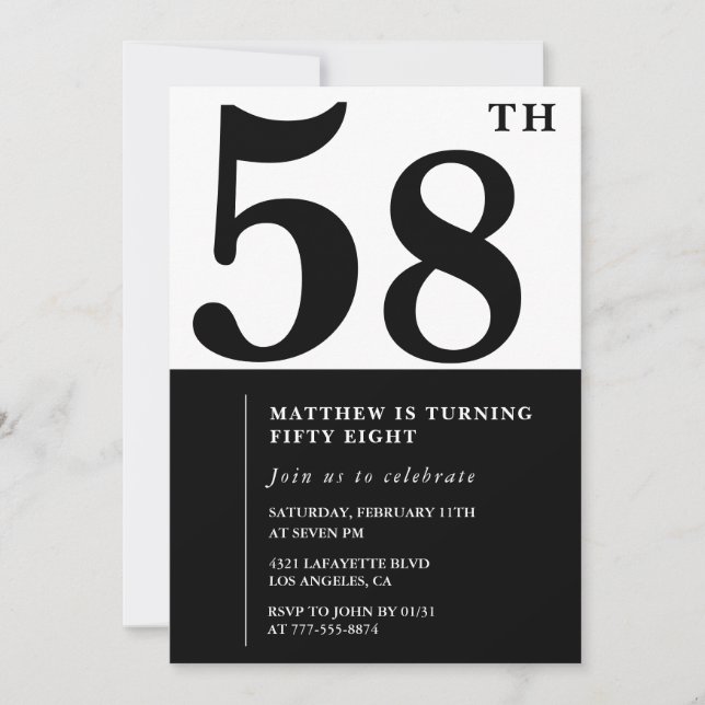 invitaciones para cumpleaños 58 negro y blanco ele (Anverso)